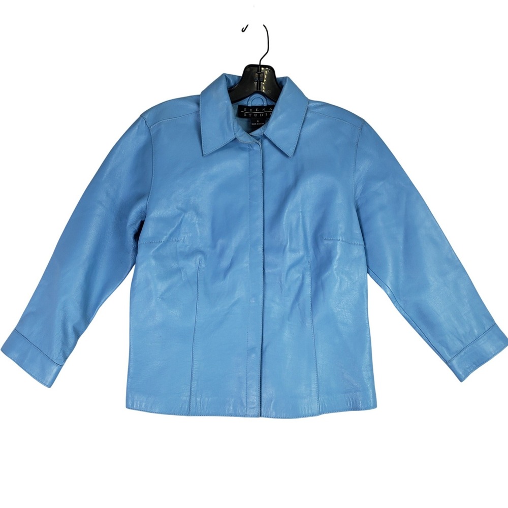 Vintage Siena Studio Leather Jacket Womens 4 Blue Minimalist Chic Y2K Button Up